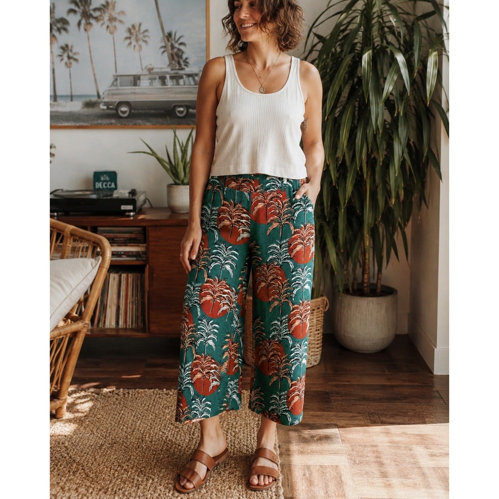 Nicole Miller Linen Flax Wide Leg Pants Women L Green Tropical Palm Tree